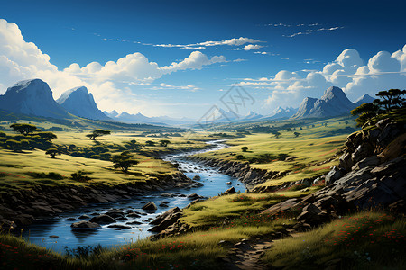 一片宁静的蒙古大草原插画