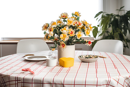 家具斜放素材饭桌上放着一束花和一盘美食背景