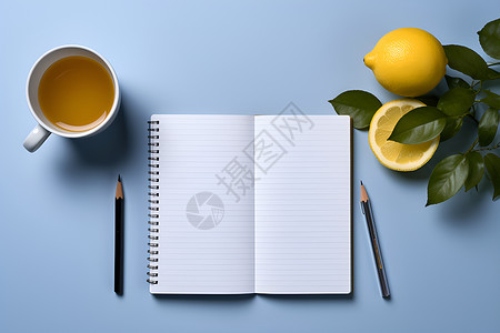 清新美好柠檬茶搭配蓝色背景的笔记本背景图片