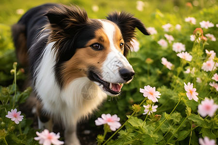 绿野花海的乖巧牧羊犬高清图片