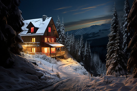 小木屋雪景冬夜白雪皑皑的小屋背景
