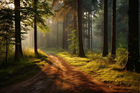 阳光穿过森林的土路背景图片