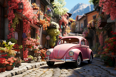 粉色小车在小镇上背景图片