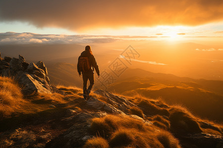 勇攀巅峰夕阳余晖下的男子背景