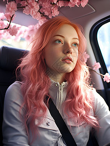 汽车里的粉发女孩背景图片