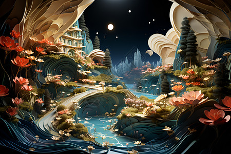夜晚森林中的河流背景图片