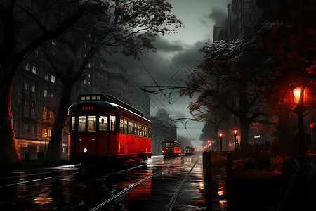汉街街景红色电车漫游夜色之街插画