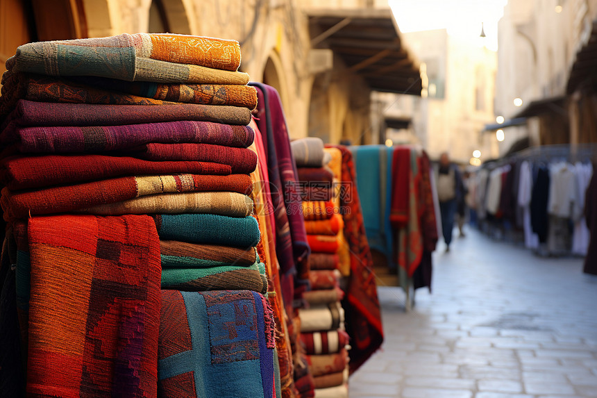 彩色毛巾挂在狭窄巷道上图片