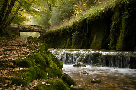山间石桥上溪水背景图片