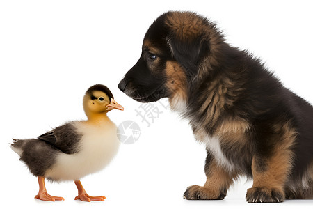 毛茸茸的小狗嗅着一只鸭子高清图片
