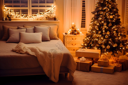 圣诞树下的温馨卧室背景图片