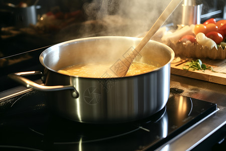 一锅汤正在炉子煮背景