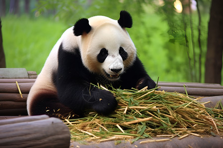 户外抱着干草的熊猫背景图片