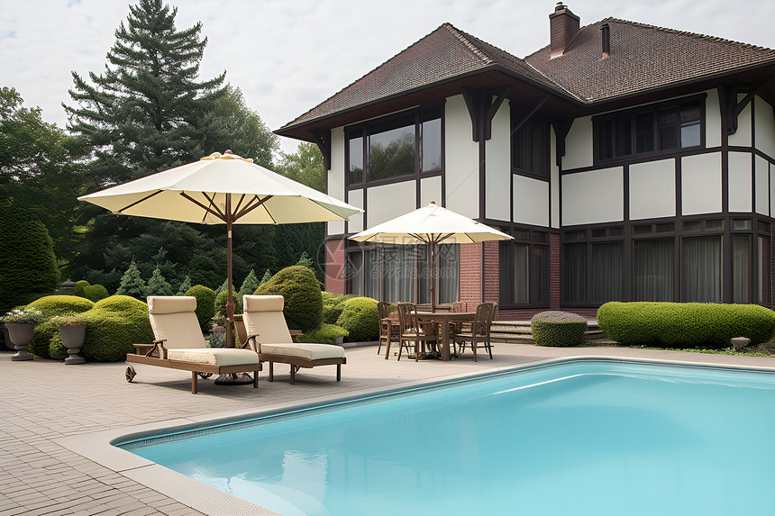 豪华别墅泳池的椅子和阳伞图片