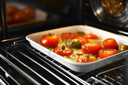 打开烤箱烤箱里打开的一盘番茄背景