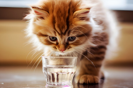 小猫咪闻玻璃杯里的水背景图片