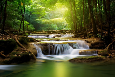 瀑布奔流的绿林溪流高清图片