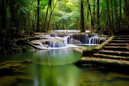 翠绿瀑布森林背景图片