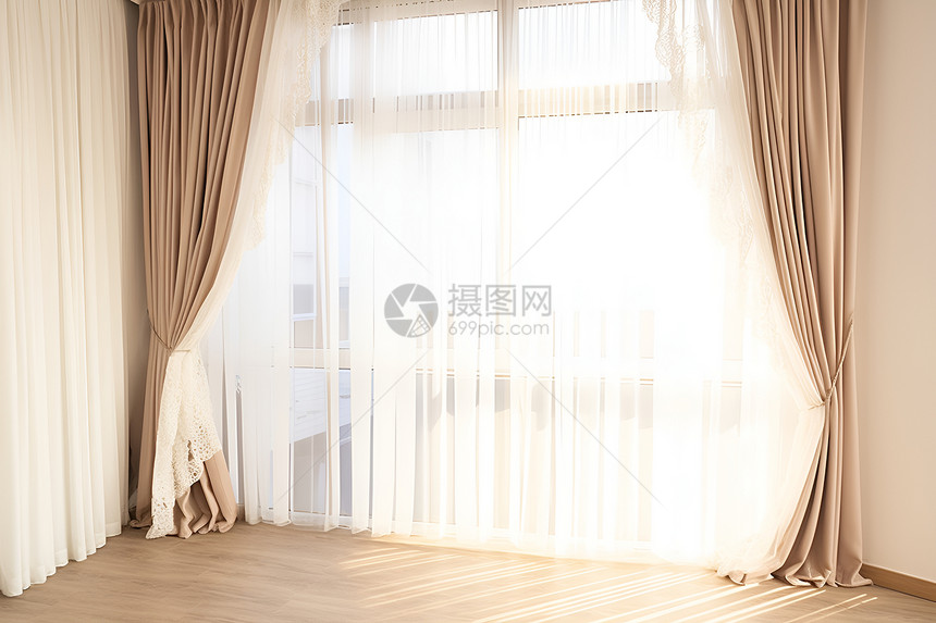 房间落地窗上的薄纱窗帘图片