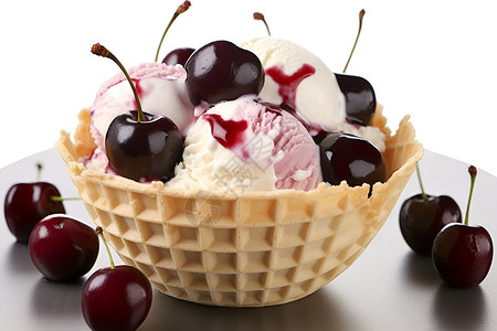 并欺凌蛋筒健康的樱桃冰淇淋背景