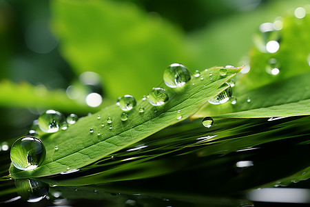 绿叶上滴落的水珠背景图片