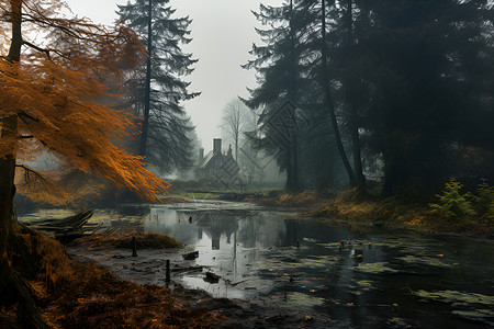 幽静的湖畔树林背景图片