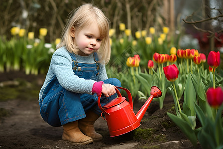 花园正在浇水的小女孩背景图片