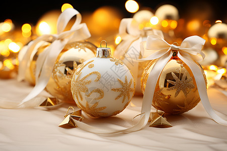 圣诞树状丝带美丽的金色圣诞球背景