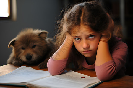 女孩和狗狗在桌上阅读背景图片
