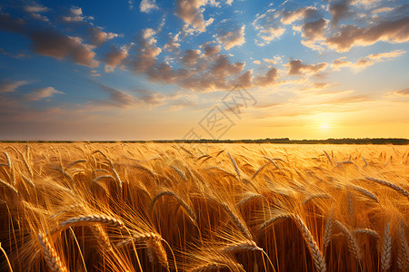 夕阳下的金黄麦田背景图片
