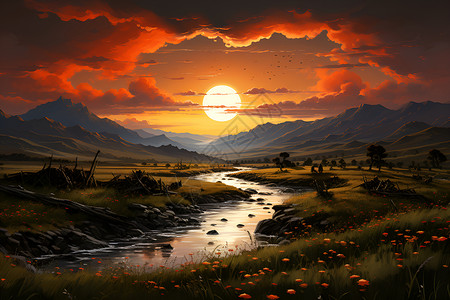 草原的山水画背景图片