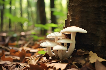 龙牙百合落叶堆里的蘑菇背景