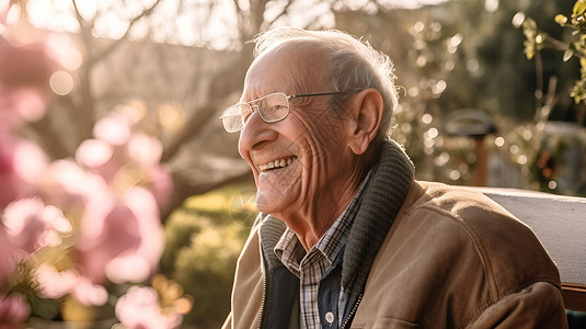 幸福老人在花园里沐浴阳光背景图片