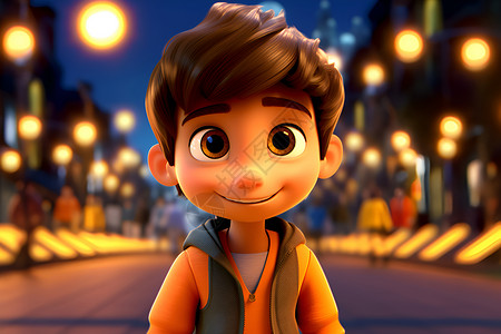 夜晚城市街头的卡通男孩背景图片