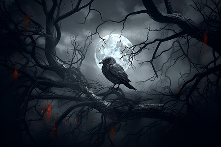 野生鸟类黑夜树枝上的野生乌鸦插画