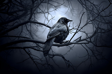 野生鸟类黑夜树枝上的乌鸦插画