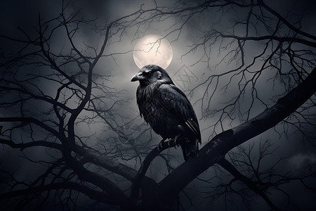 热爱鸟类夜晚树枝上的乌鸦插画