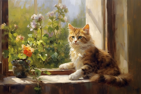 坐在窗台上宁静的小猫背景图片