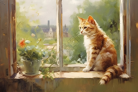 窗台上可爱的小猫绘画背景图片