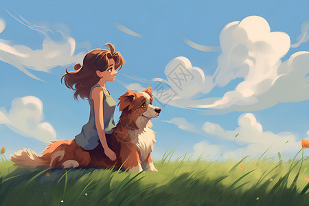 草地中的女子和狗狗背景图片