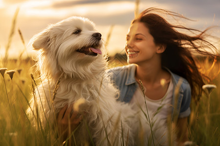 草地中的女孩和狗狗背景图片