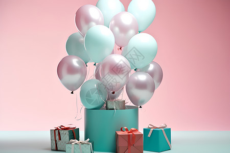 彩色礼物堆礼物中的充气气球背景