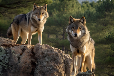 狼群山顶的两只狼背景