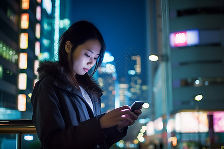 女子看着手机屏幕背景图片