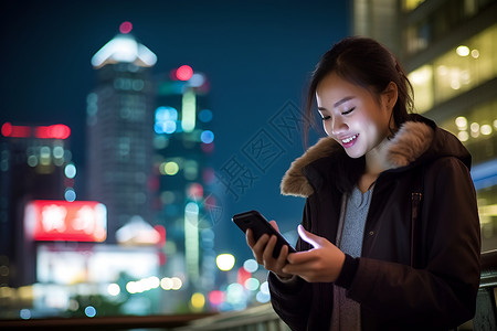 女子欣赏手机背景图片