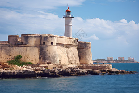 海边城堡海边灯塔背景背景