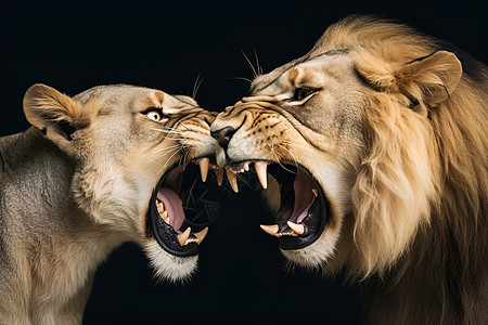 两只狮子张开嘴巴露出獠牙背景图片