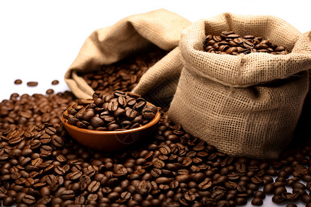 麻布袋中的咖啡豆背景图片