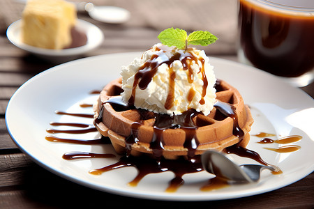 巧克力酱和冰淇淋覆盖的华夫饼背景图片