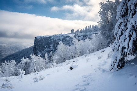 雪山上的树木背景图片